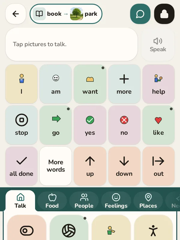 The talk board with a First / Then pill at the top: book, then park.