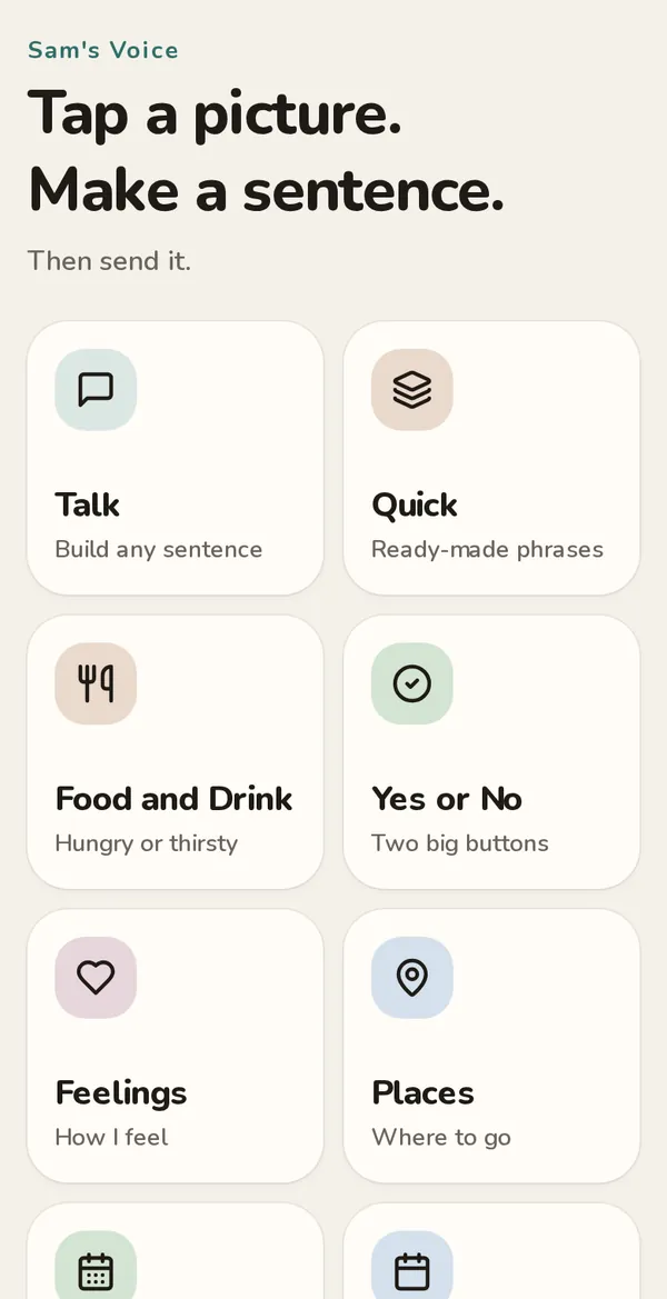 The home screen for a child named Sam: Talk, Quick, Food and Drink, Yes or No, Feelings, Places, Sam's plan, Sam's coming up.