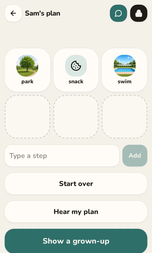 Sam's plan: park, snack, swim, with buttons Start over, Hear my plan, and Show a grown-up.